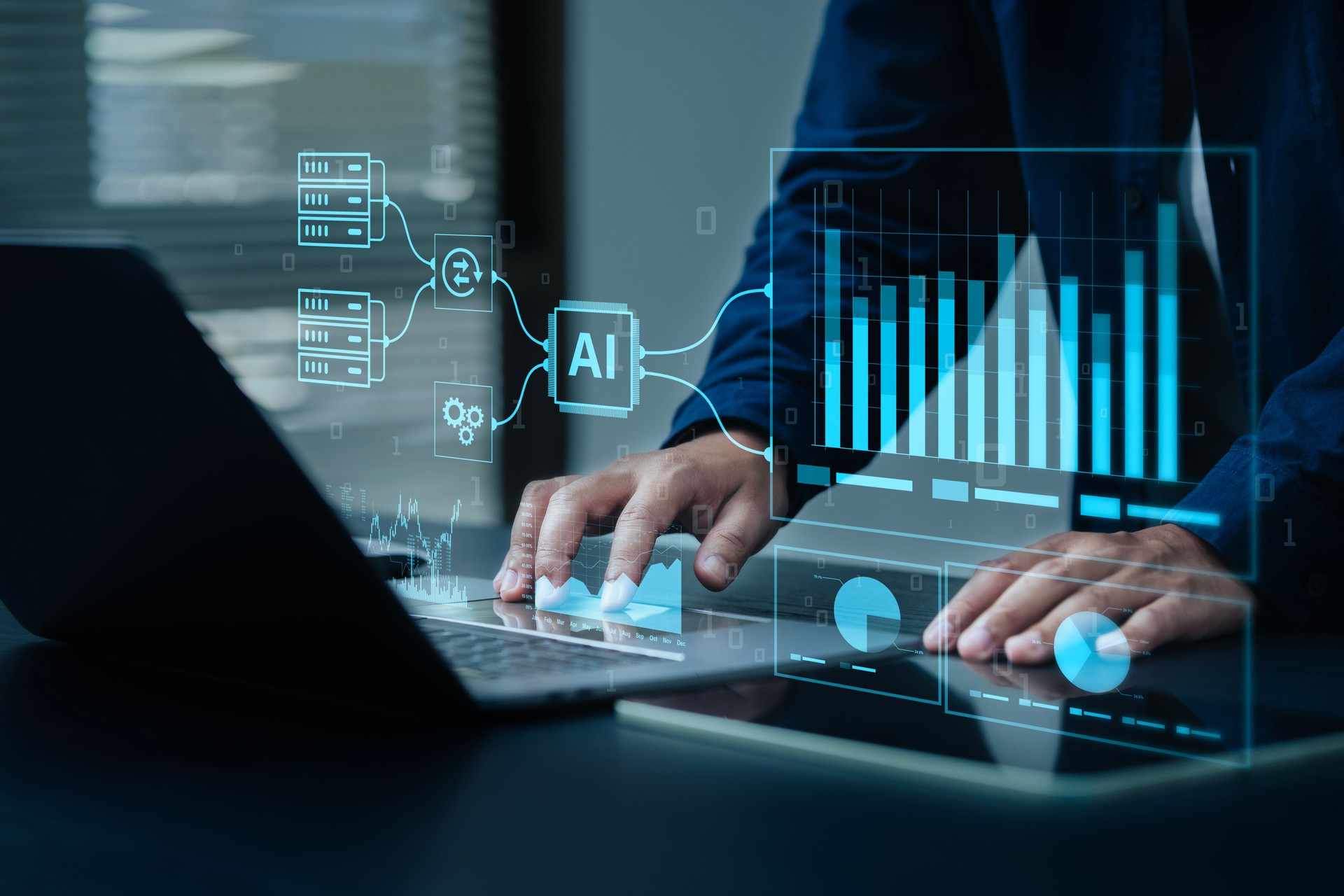 AI, data analysis. Business people use AI to analyze financial related data. big data Complex performance measurement With modern innovative technology